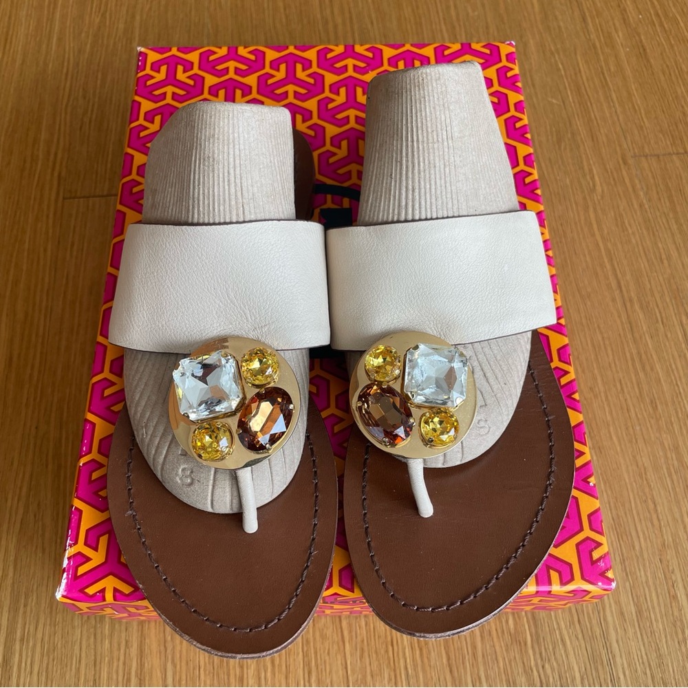 Tory Burch Patos Disc Jewel Embellished Sandals Cream Ecru Cream Size 8